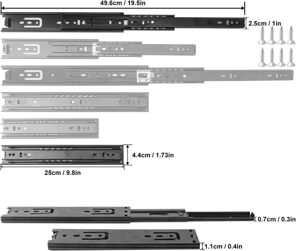 8 Pairs 10 Inch Black Full Extension Drawer Slides, Side Mount Drawer Slides ...