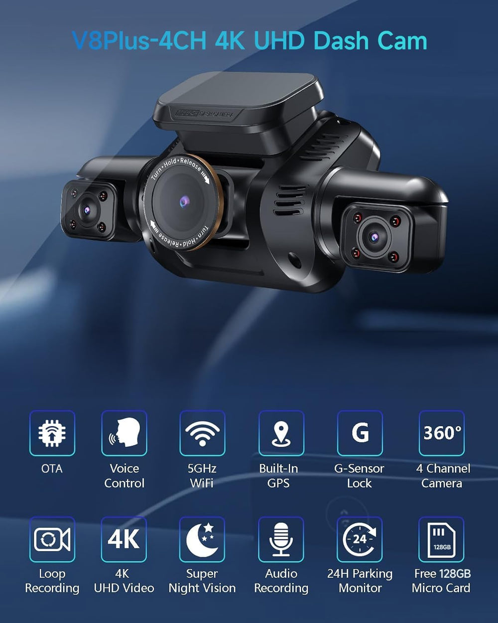 HUPEJOS 4K Dash Cam Front and Rear, 4 Channel 360° View Camera for Car