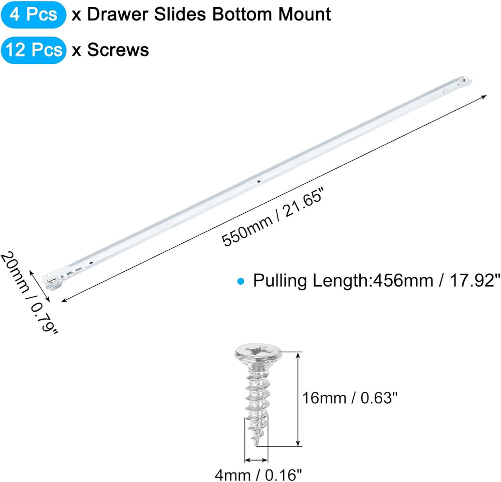 uxcell 1 Pair Drawer Slides, 22 Inch Drawer Slide Heavy Duty Side Bottom Moun...