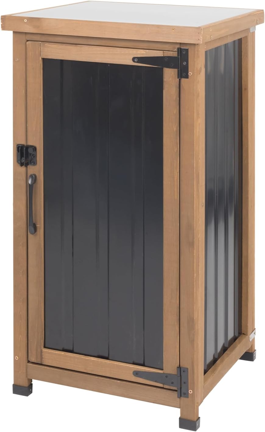 Small Outdoor Storage Cabinet, Wood & Metal Storage Shed with Weatherproo...