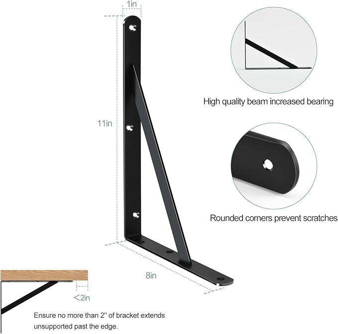 16 Pack L11 x H 8" Black Heavy Duty Shelf Brackets
