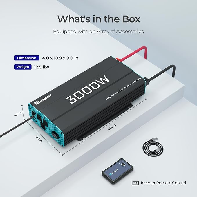 Renogy Inverter P2 3000W Pure Sine Wave Inverter 12V DC to 120V AC Converter