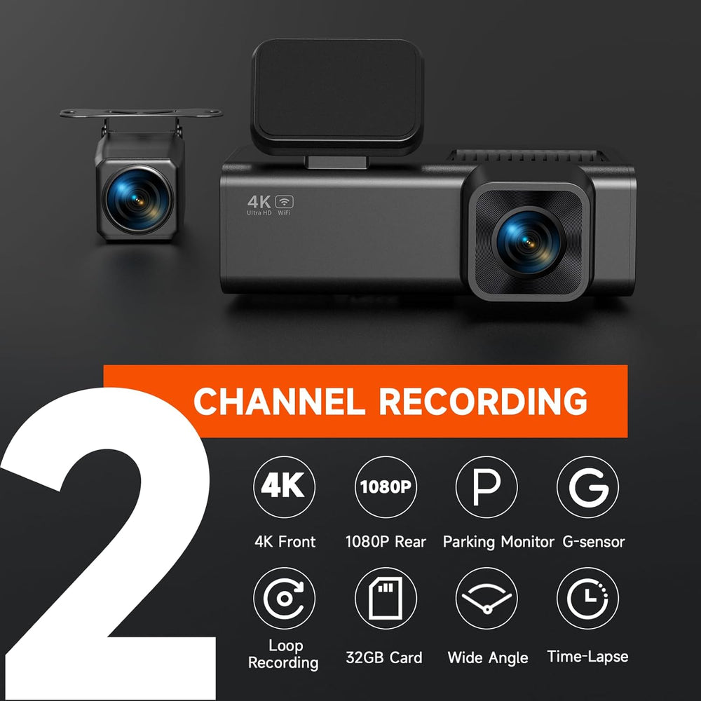 Dash Cam Front and Rear, 4K+1080P Dual Camera for Cars, 32GB Card Included