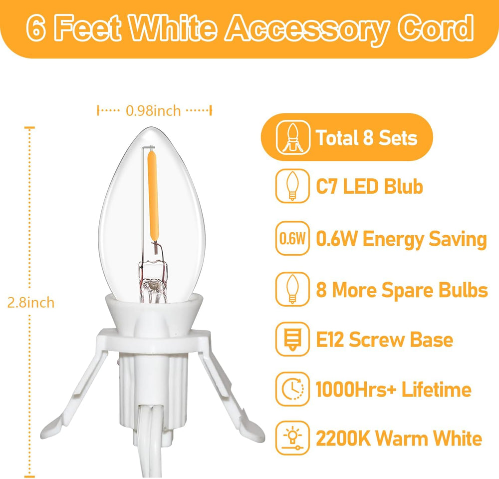 8 Set 6Ft White Lamp Cord with Switch + 16Pcs C7 LED Bulbs, 0.6W Energy Effic...