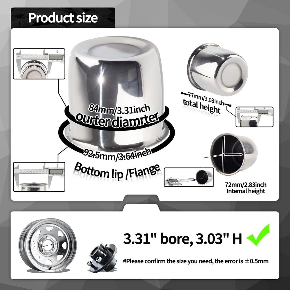 4Pcs 3.31inch Stainless Trailer Wheel Center Caps Push Through 3.31" Bor...