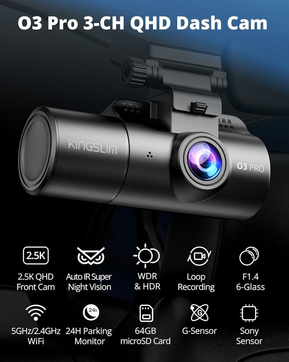 Kingslim 3 Channel 5G WiFi Dash Cam with 64GB Card, 2.5K/1080P Front and Rear...