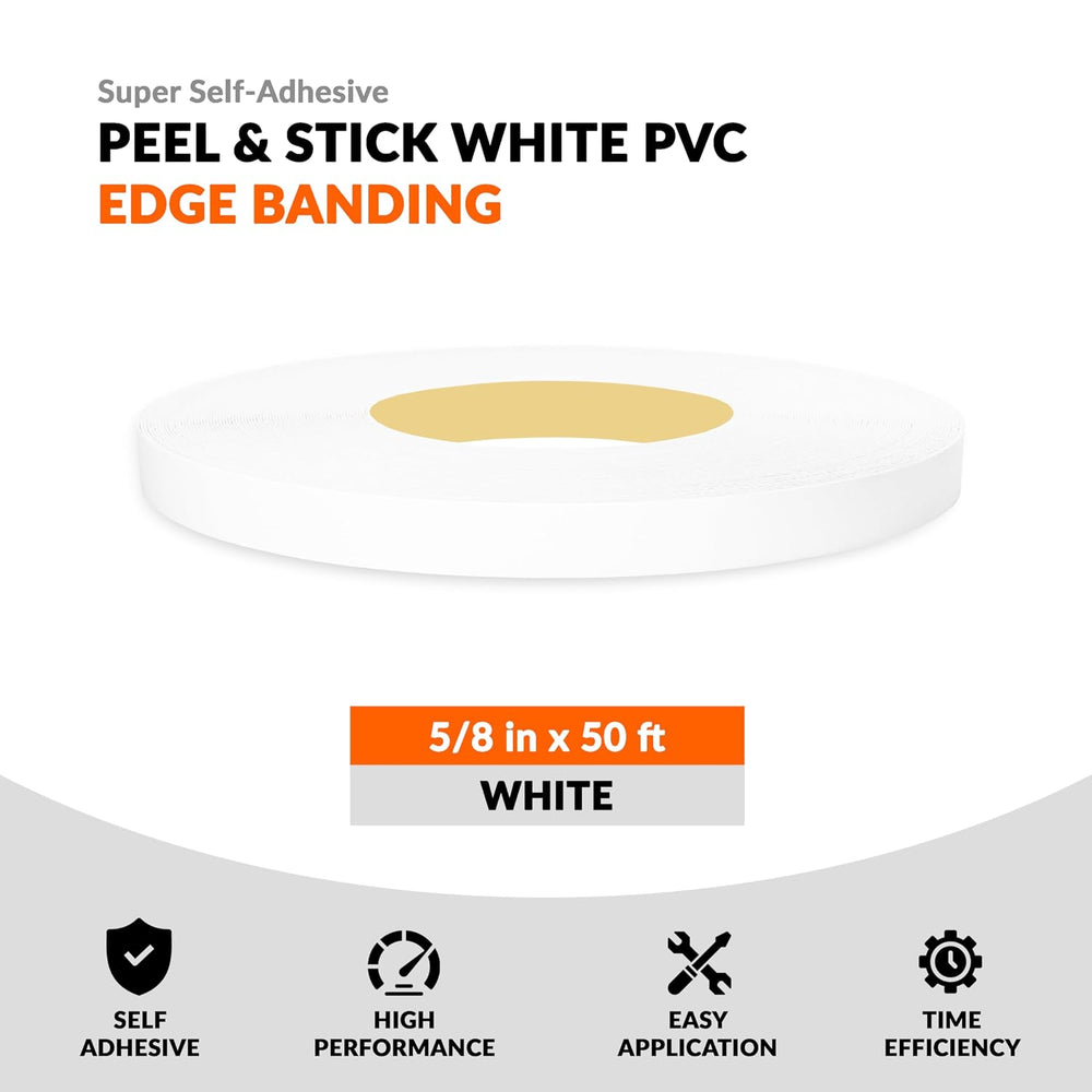 White PVC 5/8 inch x 50 ft Edge Banding Peel and Stick Strong Adhesive Edging...