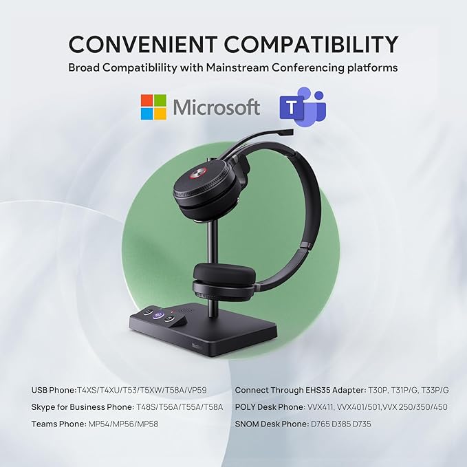 Yealink WH62 Dual Teams DECT Wireless Headset 525 ft Range, Work Headphones