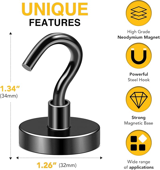 DIYMAG Black Magnetic Hooks, 118 LB Heavy Duty Strong Magnet (20pcs)