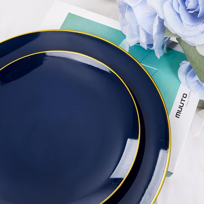 Liacere 150PCS Blue Plastic Plates - Gold Plastic Silverware with Blue Handle...