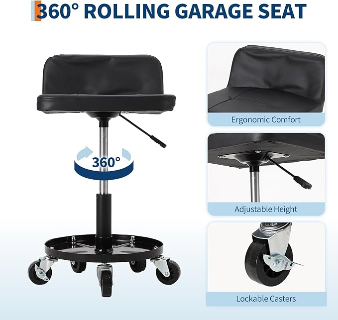 Garage Stool, 16”-21” Adjustable Rolling Mechanic Stool