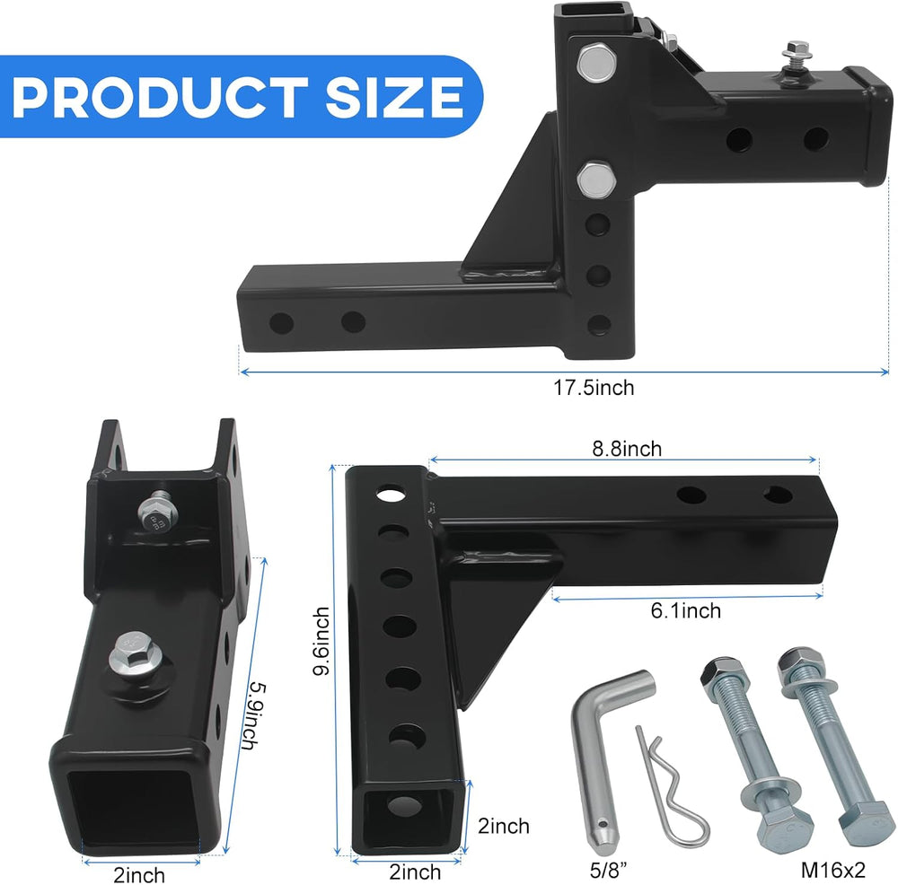 Adjustable Trailer Hitch Receiver for 2-Inch Receiver, Steel Tow Hitch Multip...
