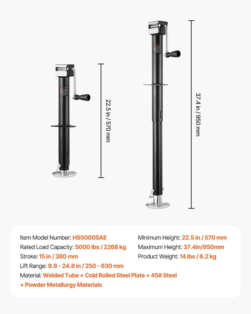 VEVOR 5000 lbs A-Frame Trailer Jack, 15" Vertical Travel, Adjustable Dro...