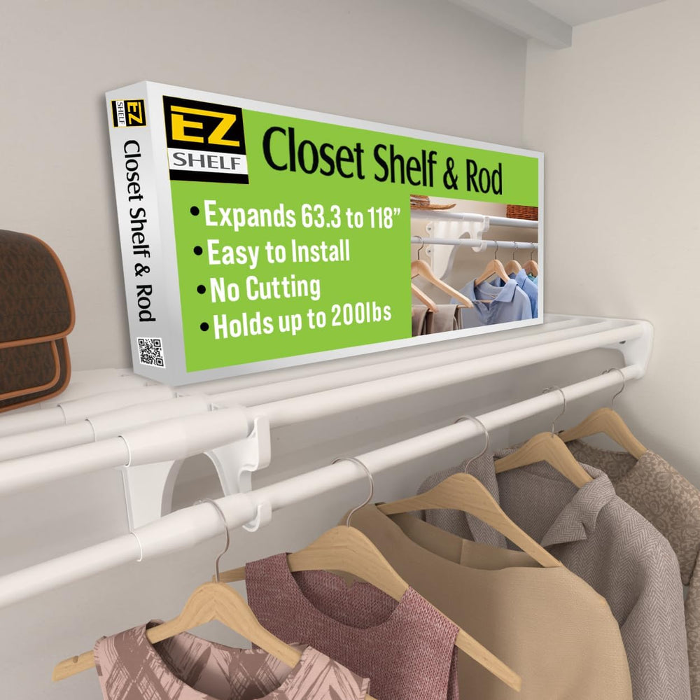 EZ SHELF - Hanging Shelf - Closet Rod - Expands 63.3-118” - White, Closet She...