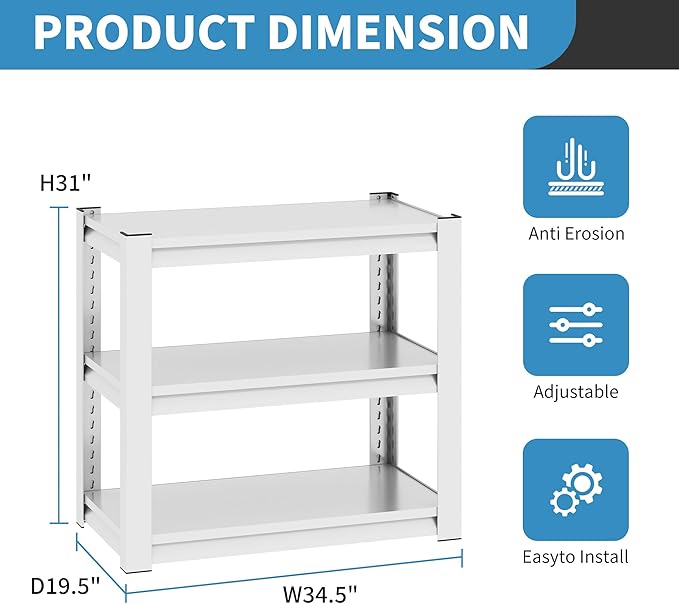 31.5" H Metal Storage Shelving, 1500LBS Heavy Duty Shelves Unit, Adjusta...