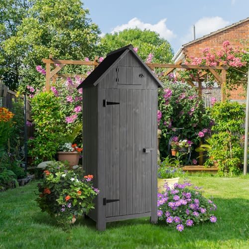 VINGLI Outdoor Wooden Storage Shed, Garden Shed Outside Tool Cabinet with Saf...