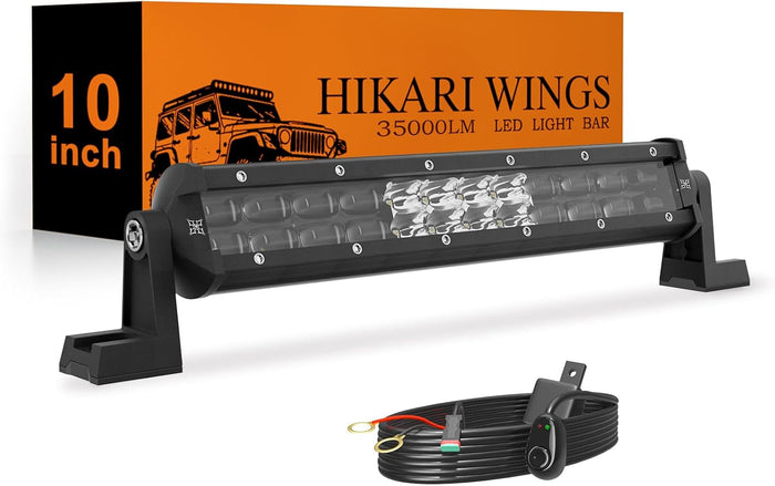 HIKARI WINGS 2026 New 10 Inch LED Light Bar, 35,000LM Off Road, 35W Spot Flood Combo Beam, IP68 Waterproof with 12V/24V Wiring Harness Kit for Driving Truck Pickup SUV ATV UTV
