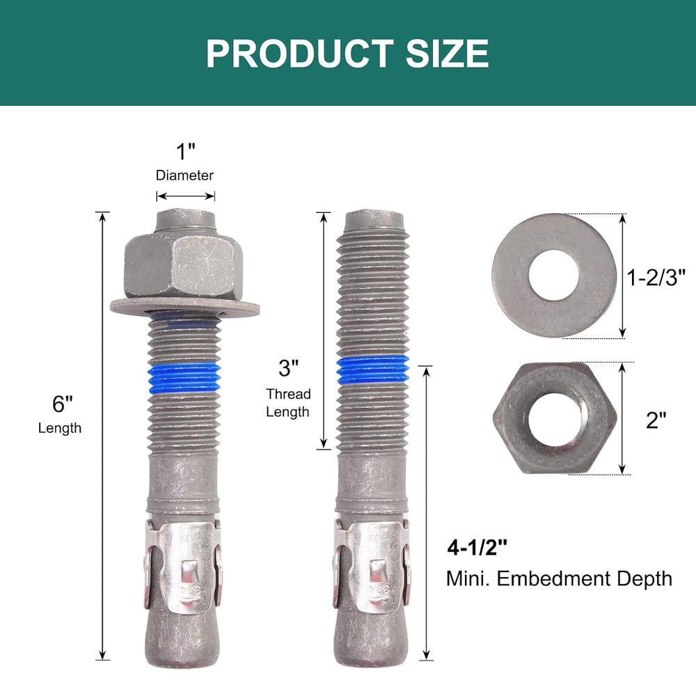 1" x 6" Concrete Anchors (5 Pack) 1 inch Wedge Anchors Bolts Hot Di...