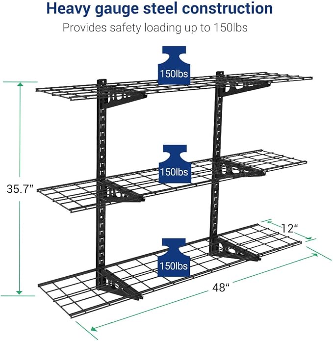 FLEXIMOUNTS 3 Tier 1x4ft Garage Storage Wall Shelving, 12x48inch per Shelf