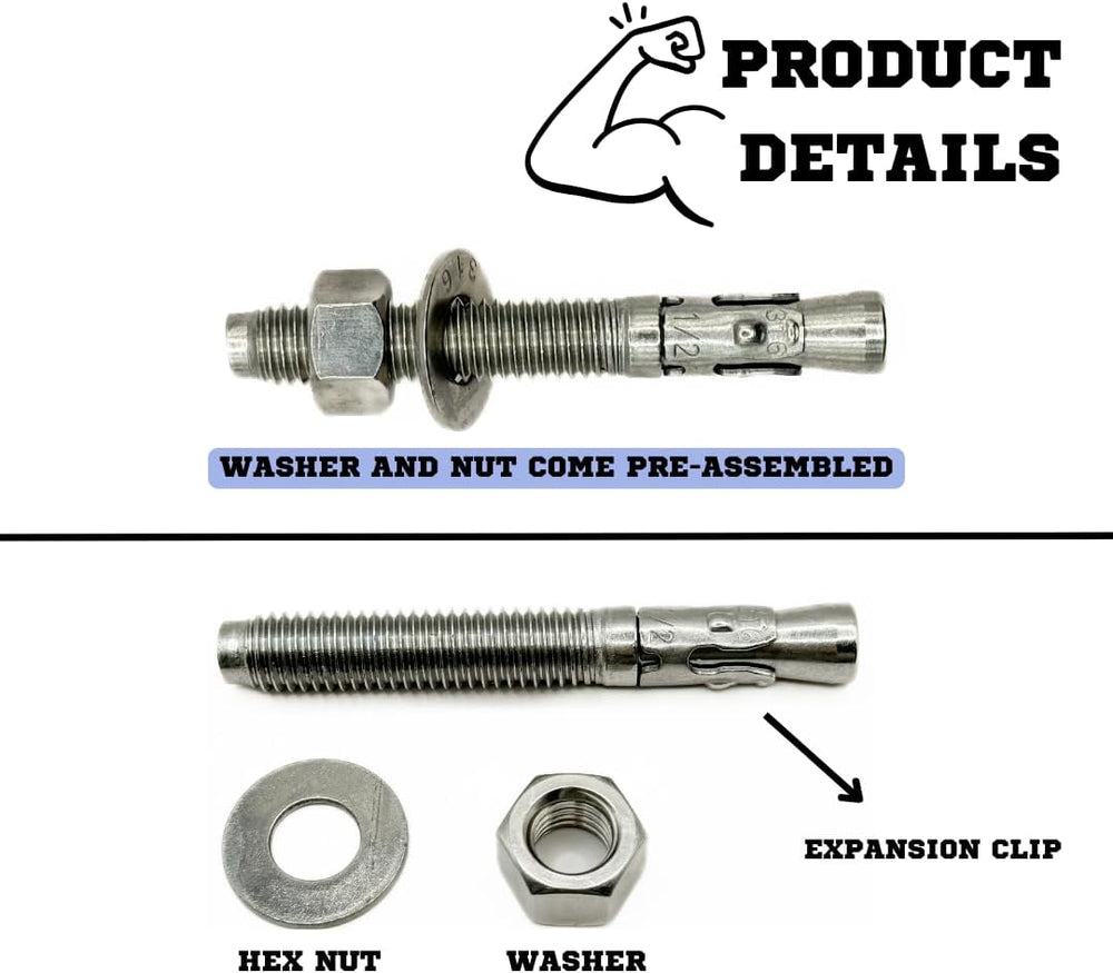 MIGHTY FASTENERS Premium 316 Stainless Steel Wedge Anchor, 1/2"-13 X 6 –...