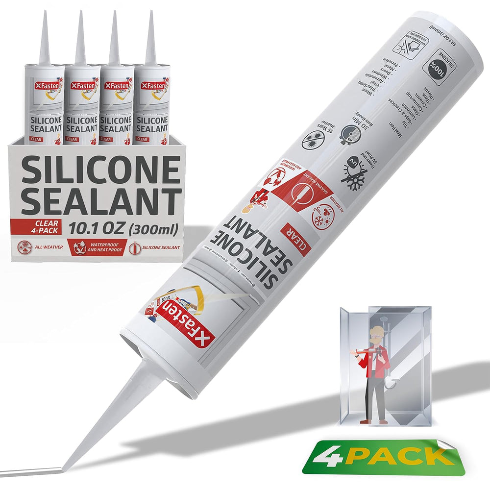 XFasten Clear Silicone Caulk Neutral Cure 10.1 oz (4-Pack) 100% Waterproof Si...