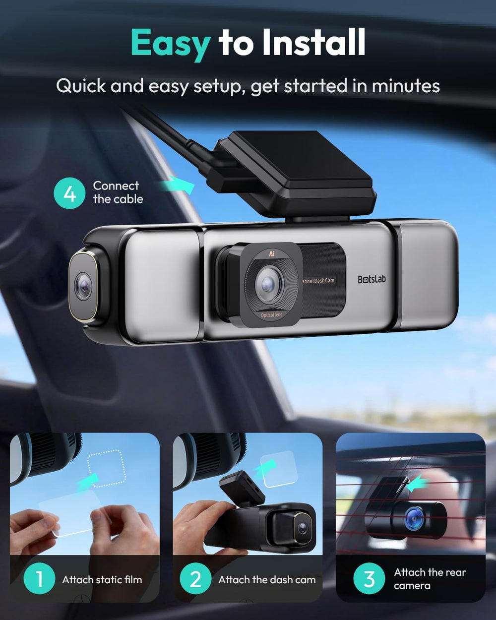BOTSLAB 4 Channel 360° Dash Cam, 128GB Card, Voice Control, App Control