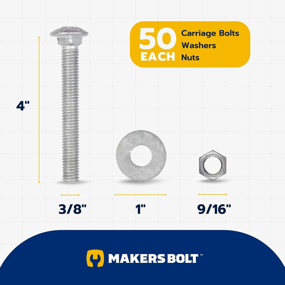 3/8" x 4" (50 Pack) Galvanized Carriage Bolt Kit, Grade 307A, Hot D...