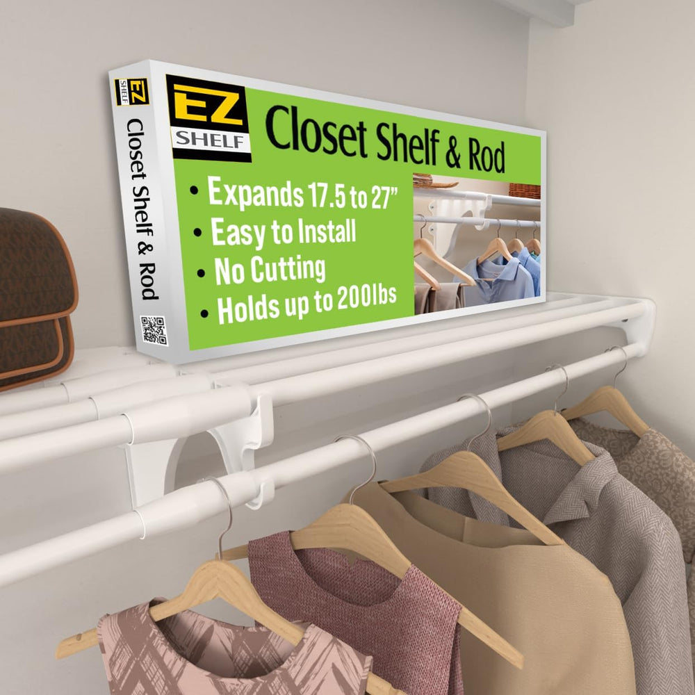 EZ Shelf - Hanging Shelf - Closet Rod - Expands 17.5-27” - White, Closet Shel...