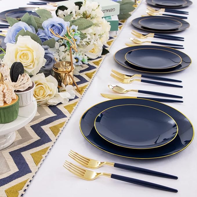 Liacere 150PCS Blue Plastic Plates - Gold Plastic Silverware with Blue Handle...