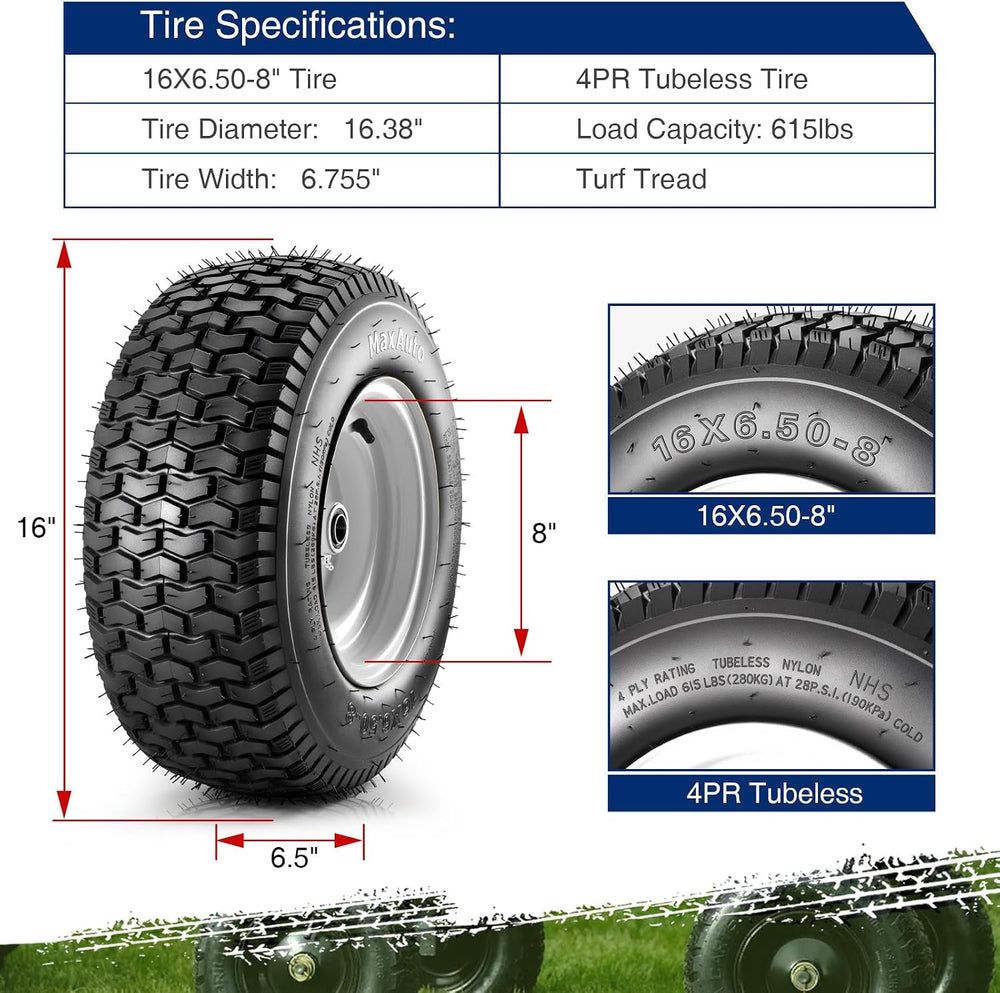 MaxAuto 16x6.50-8 Lawn Mower Tires with Rim, 3" Centered Hub, 3/4" ...