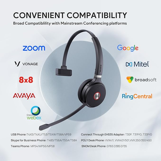 Yealink WH62 DECT Mono Teams Wireless Headset, 525 ft Range Work Headphone