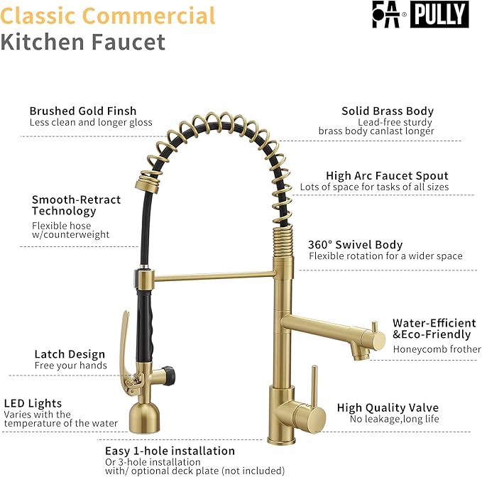 Fapully Single Handle High Arc Brushed Gold Pull Down Kitchen Faucet LED