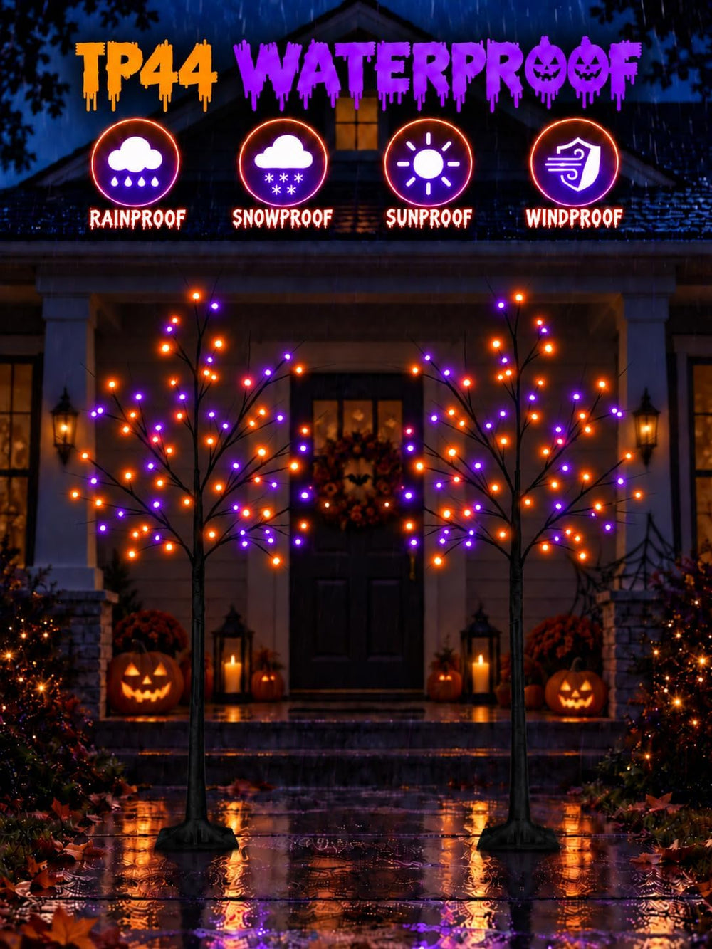 Black Halloween Tree with Purple and Orange Lights, 2Pack 6FT 300LED