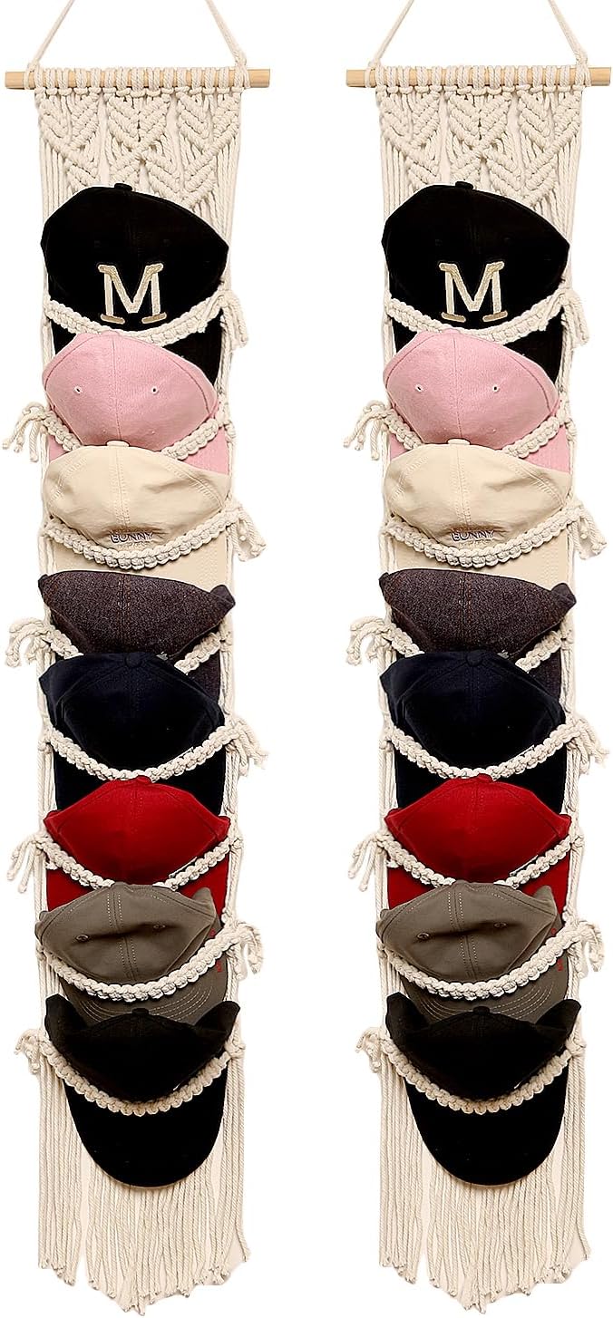 jontell Boho Ball Cap Hanger-2 Pack-Boho Macrame Cap Holder Wall Hat Organize...