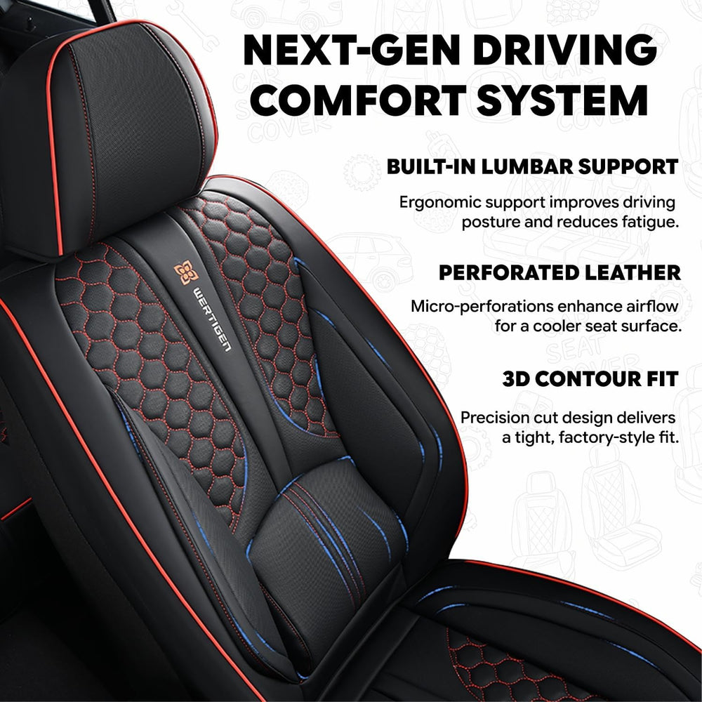 Black and Red Leather Car Seat Cover Set, with Lumbar Support