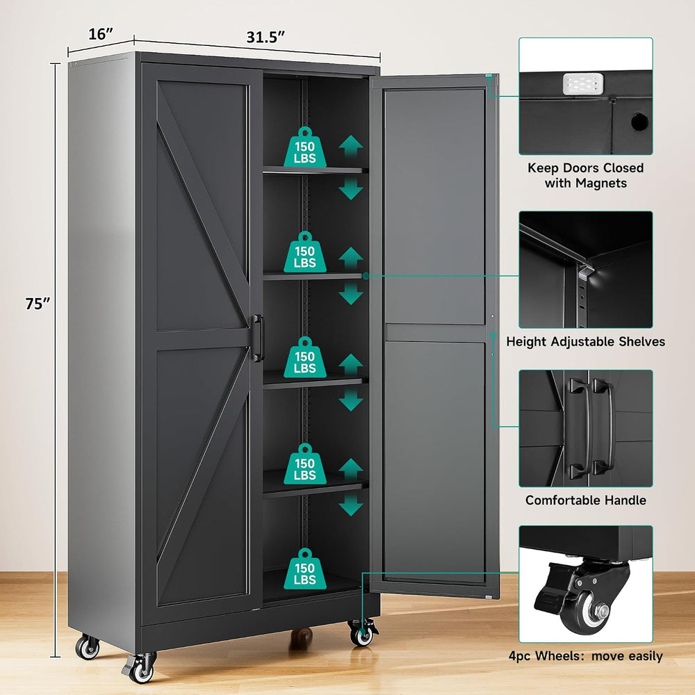 SISESOL 75" Tall Metal Storage Cabinet with Wheels,Wide & Deep Rolli...