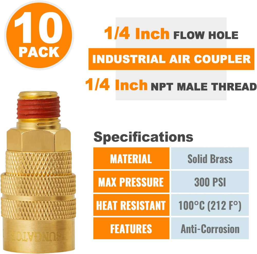 SUNGATOR Brass 1/4" Male Air Hose fitting, 10-Pack MNTP Industrial Coupler