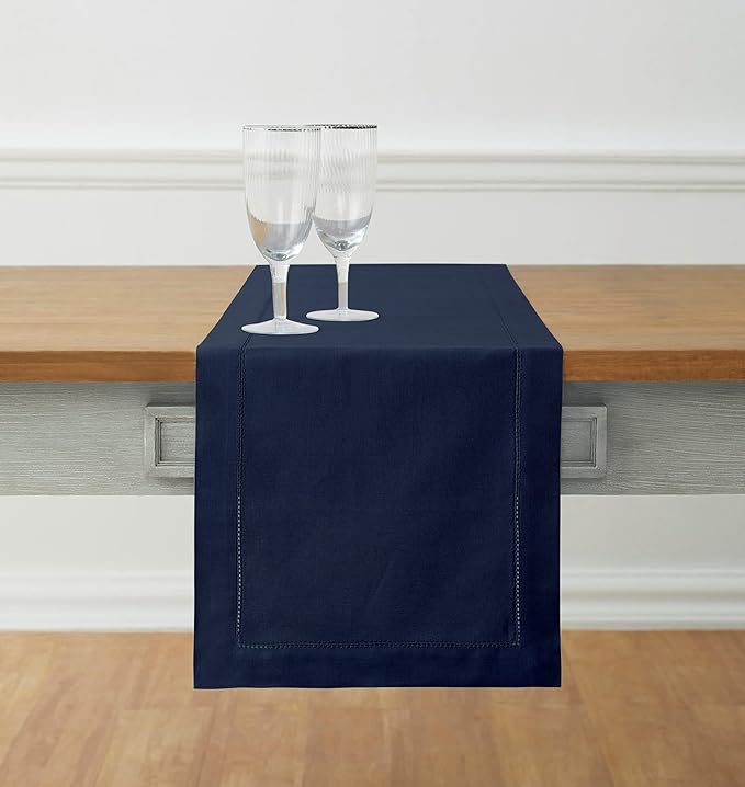 Solino Home Navy Blue Table Runner 60 Inches - Cotton Linen Hemstitch Coffee ...
