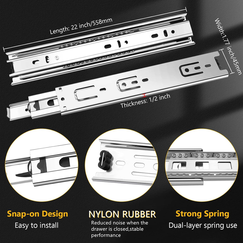 22 inch Ball Bearing Drawer Slides 6 Pairs (12pcs) - 100LB Capacity, Full Ext...