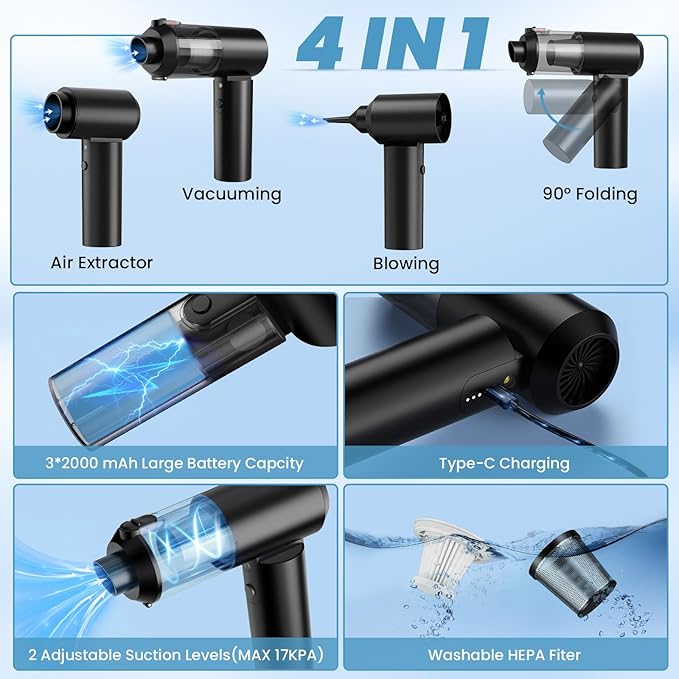 Vac V2 Portable Air Blower/Car Vacuum 90°Foldable 3in1 Handheld Vacuums Cleaner