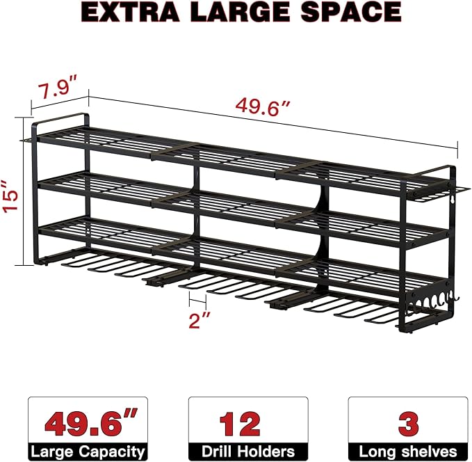 48" Large Power Tools Organizer Wall Mount, 12 Drill Holder