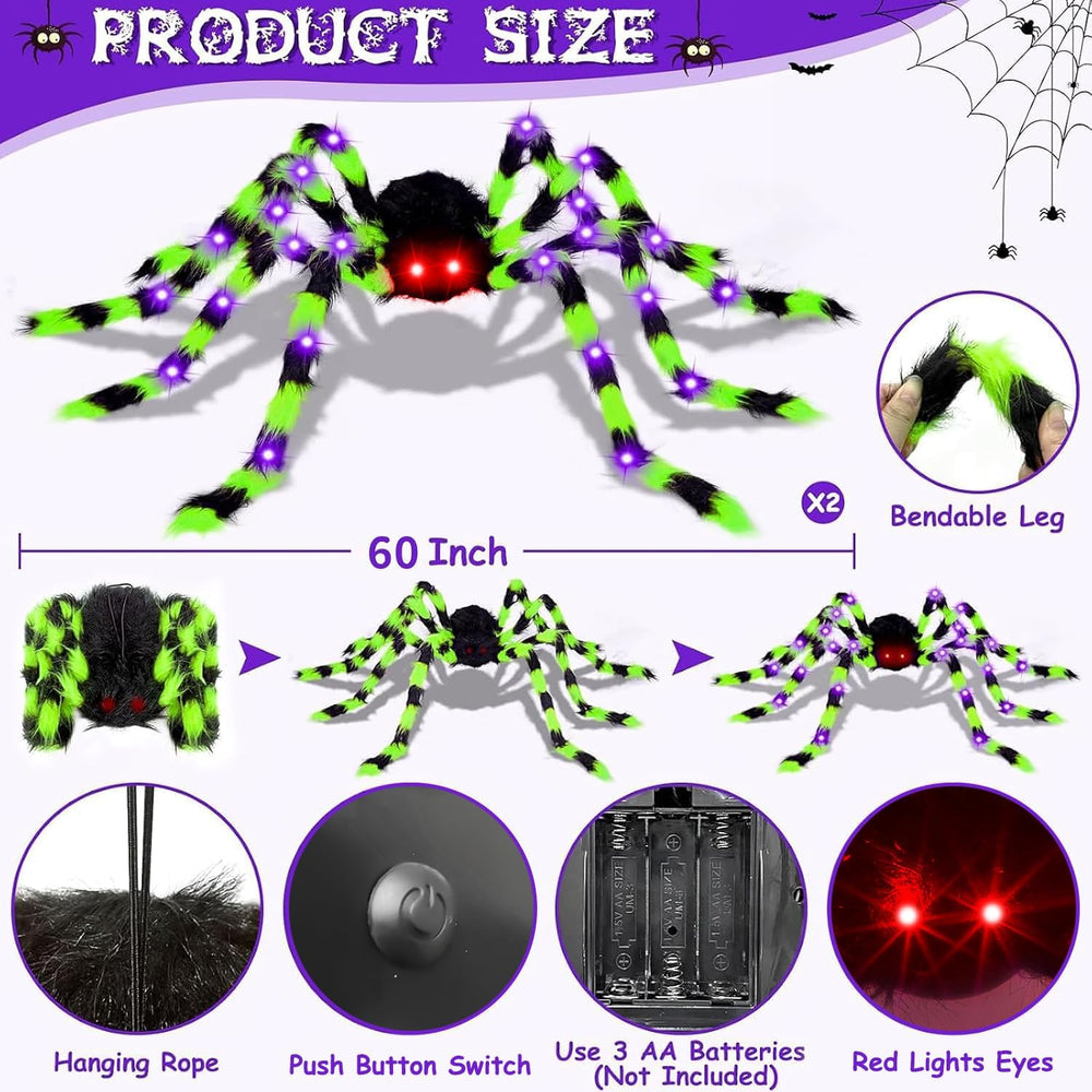2Pack 5Ft Giant Light Up Halloween Spider Decorations with 8 Modes 52 LEDs