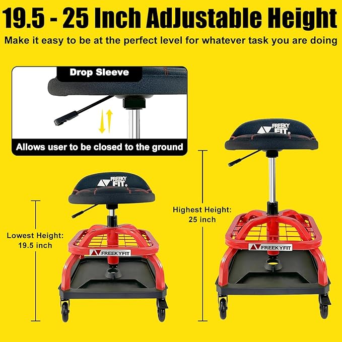 Rolling Shop Stool with Wheels, Garage Work Mechanic Stool with Backrest