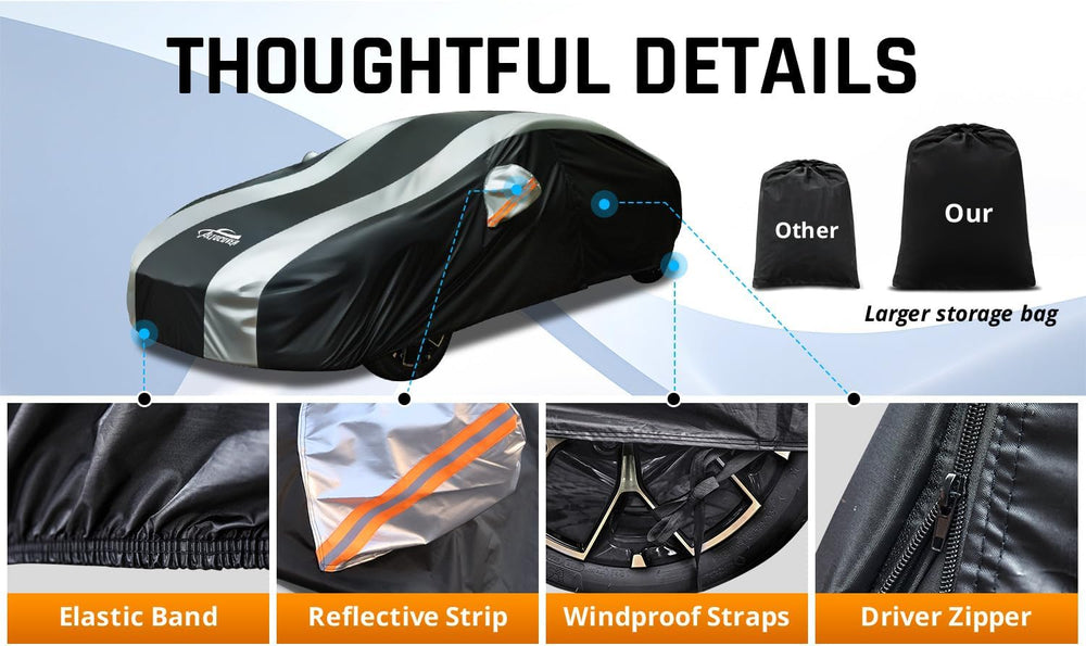 Small Car Cover Waterproof All Weather Protection with Silver Stripe Design,U...