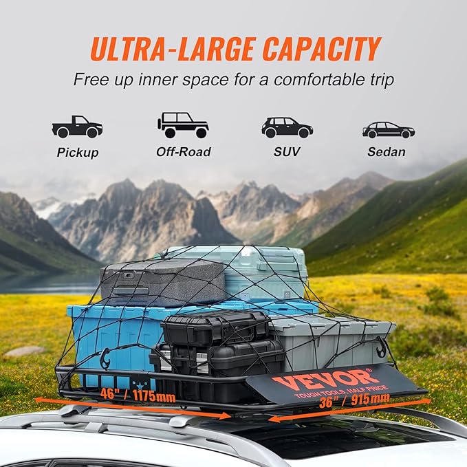 VEVOR Roof Rack Cargo Basket, Heavy-Duty 200 LBS Capacity Universal Roof Rack