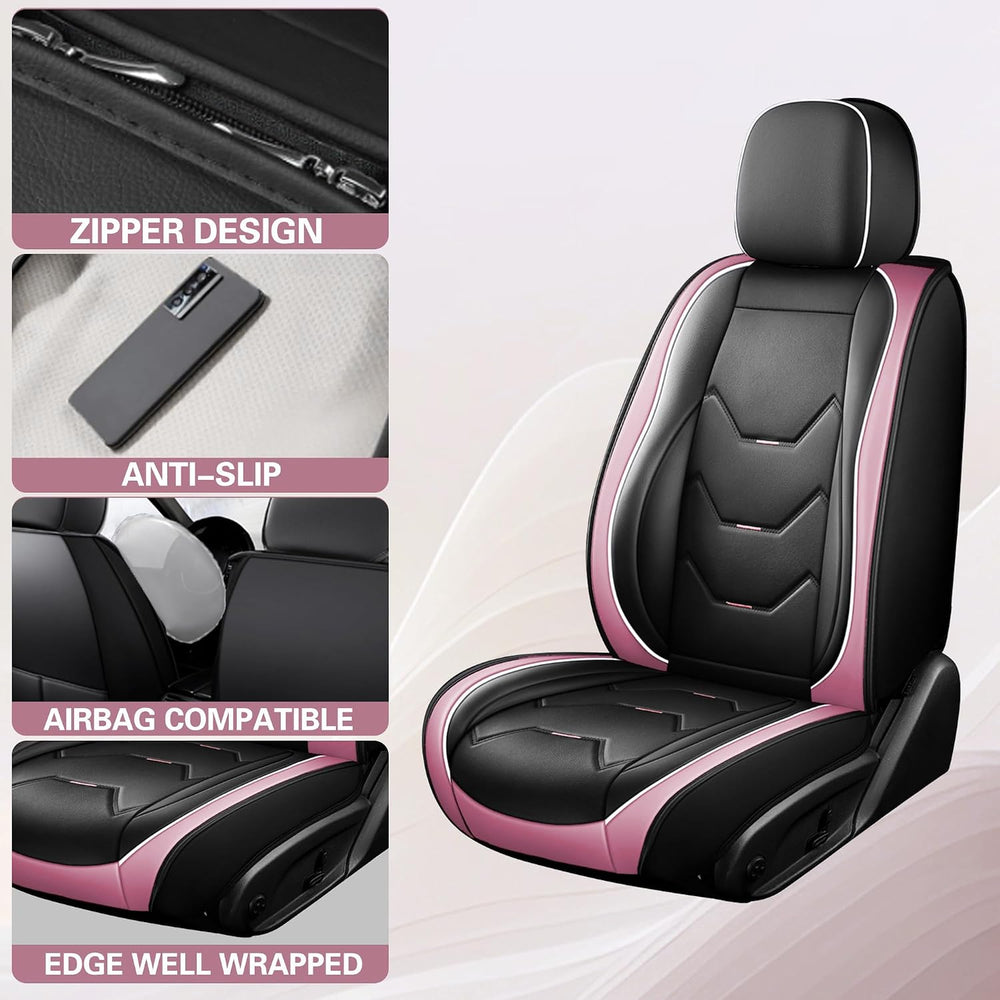otoez Leather Seat Covers Full Set for Cars, Universal Fit, Black & Pink