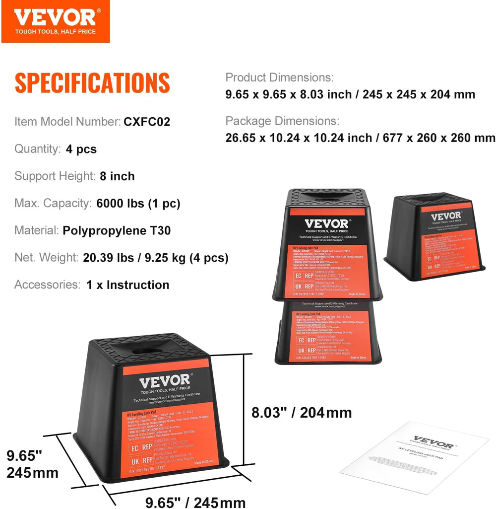 VEVOR Trailer Jack Block, 6000 lbs Capacity per RV Leveling Block, Polypropyl...