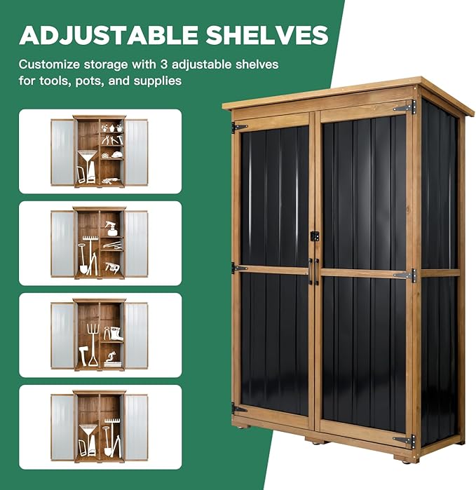Outdoor Storage Cabinet Wood & Metal, Storage Shed Waterproof Double Lock