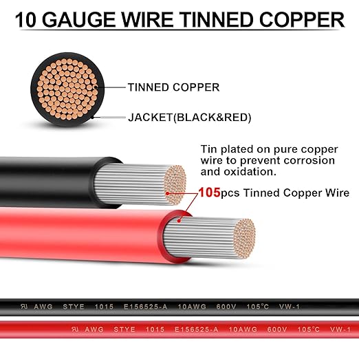 10 Gauge Wire - iGreely 100 FT Red & 100 FT Black 10 Gauge Tinned Copper
