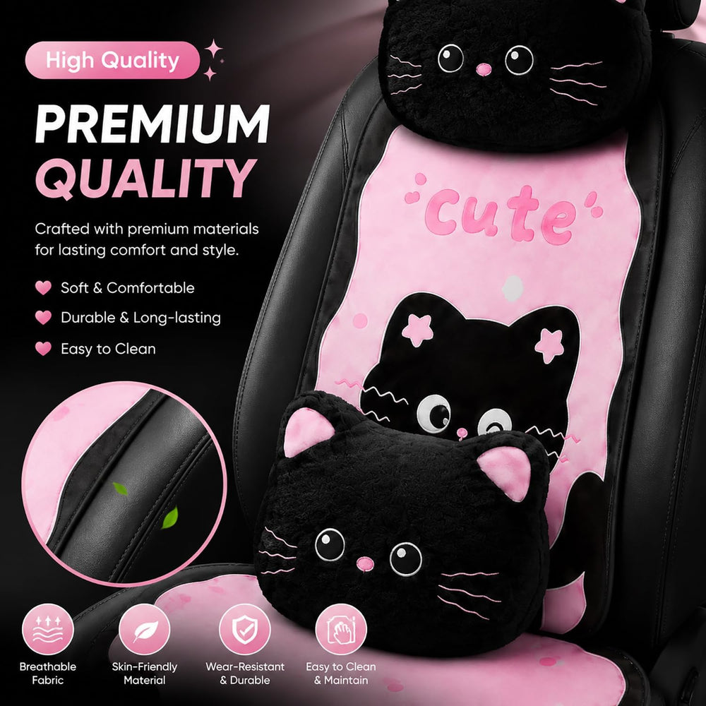 Cute Cat Car Seat Covers For Daily Commutes And Women's Car Decor-11PCS